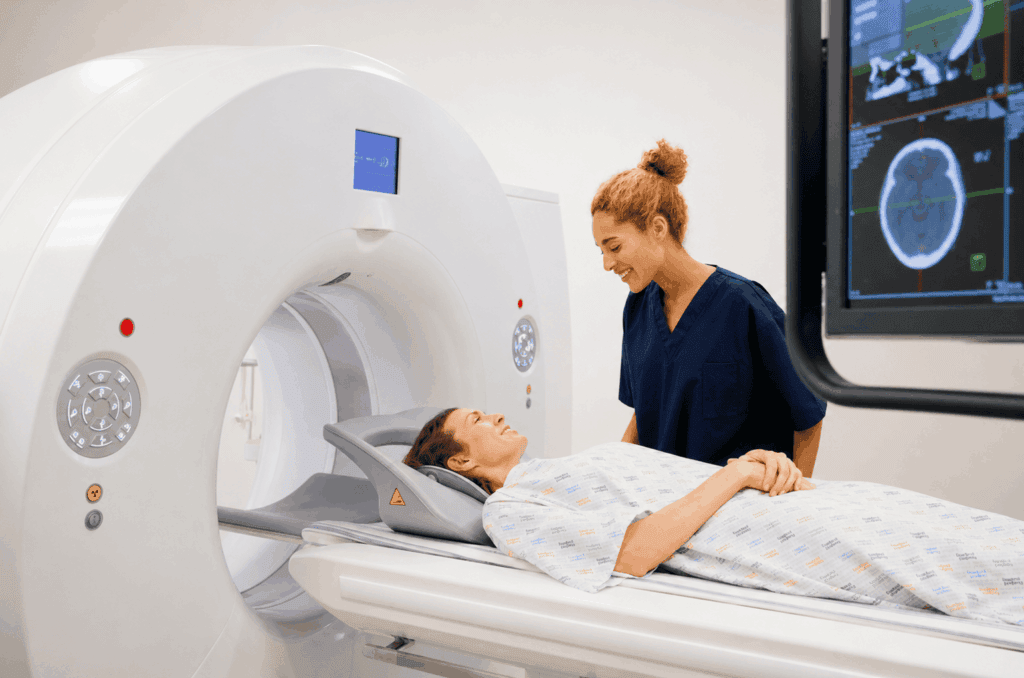 radiologist with patient in CT machine